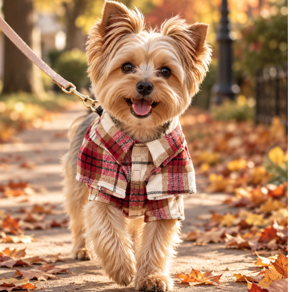 Red and white plaid flannel dog shirt