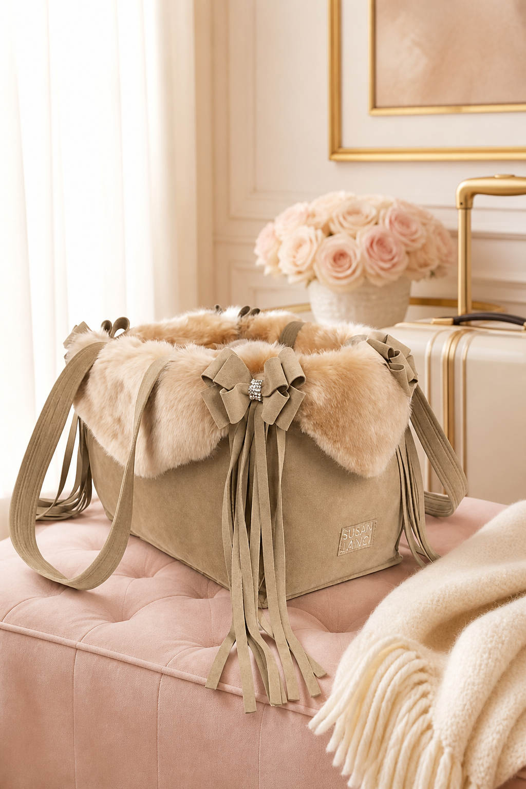 Platinum Glitzerati Double Nouveau Bow Luxury Carrier with Fur Trim