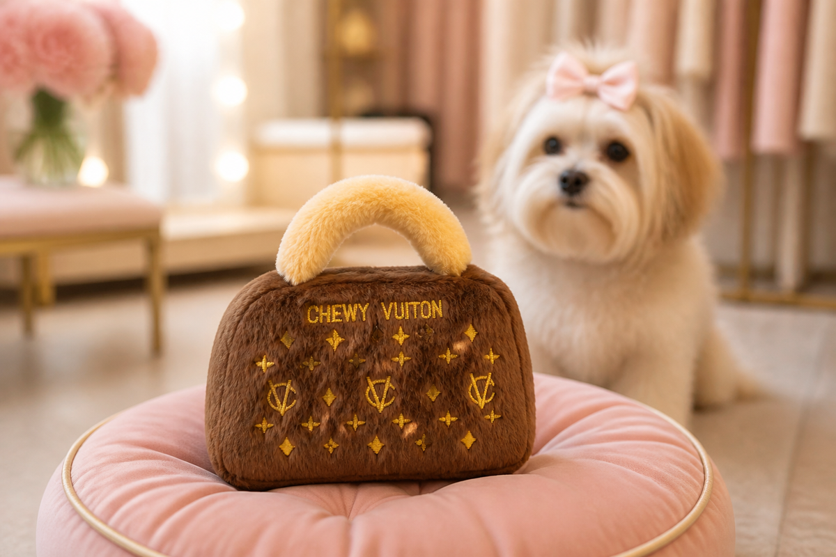 Brown Chewy Vuiton purse toy styled in a blush boutique setting