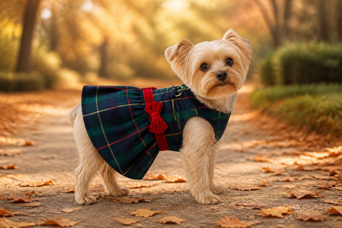 Dog wearing the Green Plaid Dress outdoors in autumn