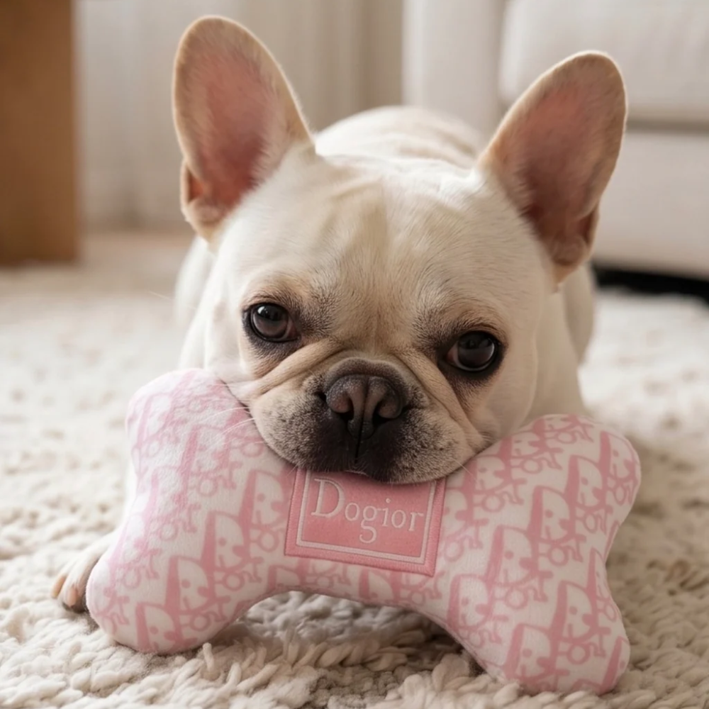 A cream-colored pup beside the Pink Dogior Saddle Bag on a blush ottoman