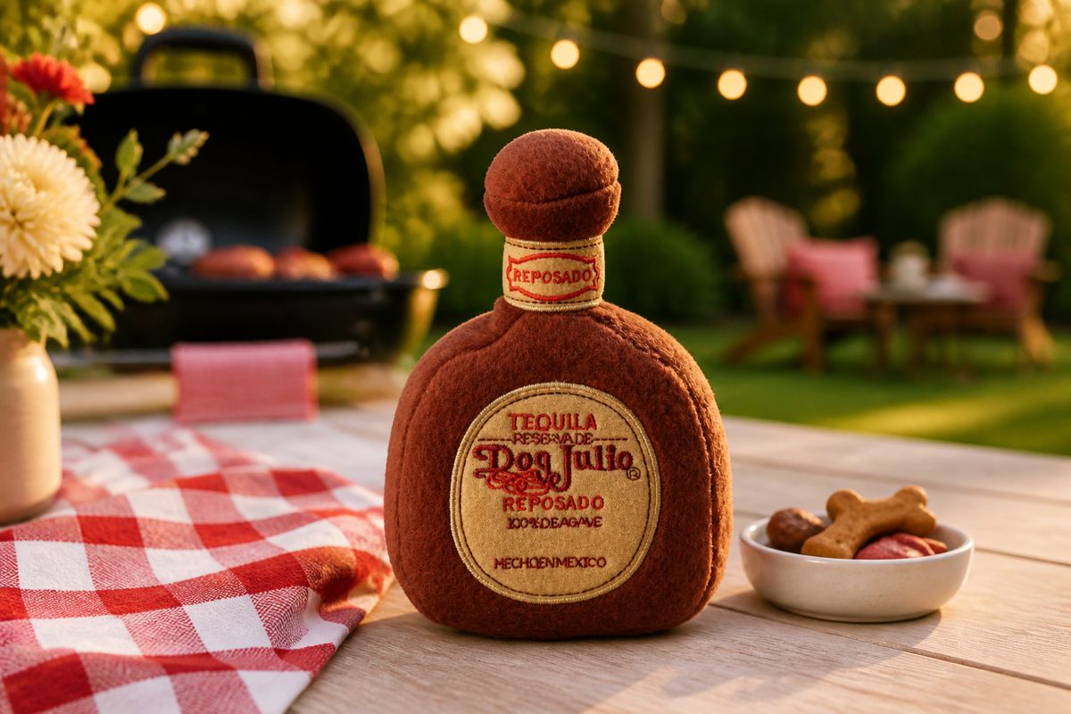 Dog Julio plush toy at a sunny backyard barbecue