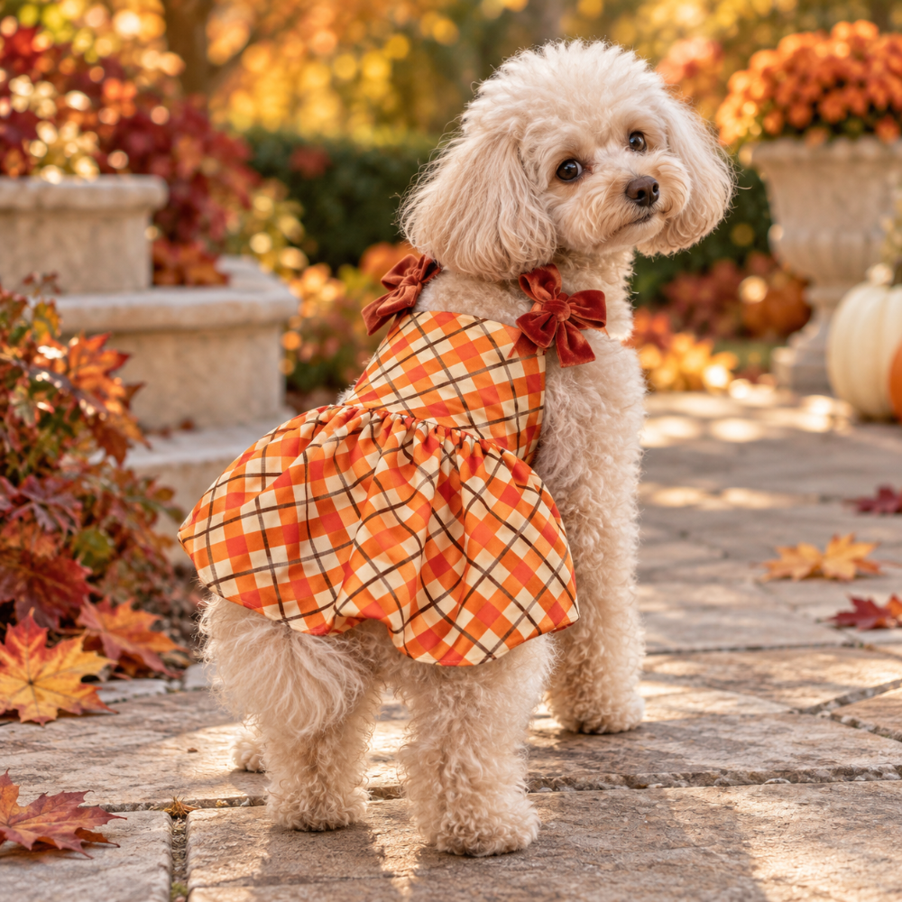 Fall Plaid Bow Dog Dress for Thanksgiving