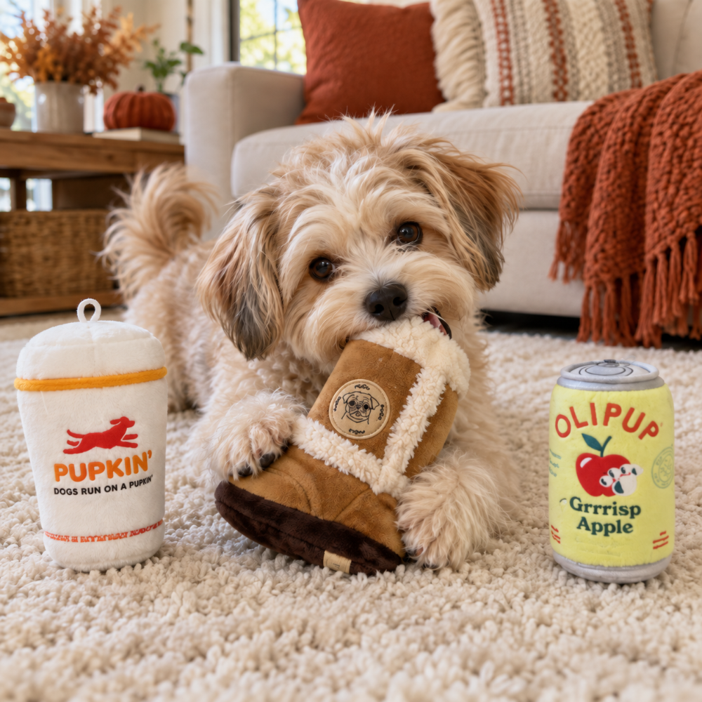 A happy dog playing with plush toys